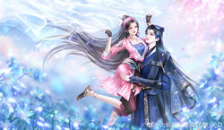  1boy absurdres black_hair blue_dress blue_flower blue_shirt blue_sky brown_footwear brown_hair character_request cherry_blossoms cloud dress falling_petals female flower hairband highres holding_veil jacket jewelry jiu_bai_1212 juan_siliang long_hair necklace pants parted_lips petals pink_jacket purple_eyes purple_pants second-party_source shirt sky smile teeth tu_li_(juan_siliang) 