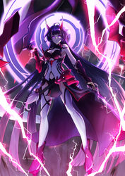  absurdres anzo_(anzu_elichi0928) armor bare_shoulders black_gloves boots breasts cleavage electricity female full_body gauntlets gloves glowing glowing_eyes grin hair_between_eyes highres honkai_(series) honkai_impact_3rd horns japanese_armor long_hair looking_at_viewer open_mouth purple_eyes purple_footwear purple_hair raiden_mei raiden_mei_(herrscher_of_thunder) single_gauntlet smile solo teeth thighhighs white_thighhighs 