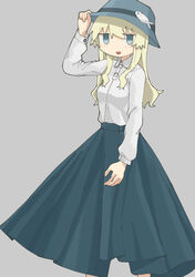  adjusting_clothes adjusting_headwear bad_id bad_pixiv_id blonde_hair blouse blue_eyes blue_headwear blue_skirt collared_shirt commentary_request contemporary feet_out_of_frame female fish grey_background hand_up highres light_blush long_hair long_skirt long_sleeves looking_at_viewer no_pupils open_mouth shirt shoujo_shuumatsu_ryokou simple_background skirt smile solo white_shirt yoyohachi yuuri_(shoujo_shuumatsu_ryokou) 