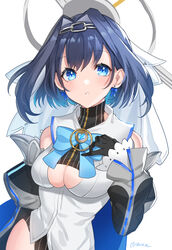  black_gloves blue_bow blue_eyes blue_hair bow breasts clothing_cutout detached_sleeves female gloves hair_behind_ear hair_intakes hand_on_own_chest highres hololive hololive_english kgr ouro_kronii ouro_kronii_(1st_costume) parted_lips short_hair solo turtleneck underboob underboob_cutout virtual_youtuber white_background 