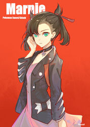  absurdres artist_name black_choker black_hair black_jacket character_name choker closed_mouth commentary copyright_name cowboy_shot dress english_commentary expressionless female green_eyes hand_up highres jacket leather leather_jacket long_sleeves looking_at_viewer marnie_(pokemon) mixed-language_commentary naoel_(naoel_art) open_clothes open_jacket pink_dress pokemon pokemon_swsh red_background short_hair simple_background solo twintails undercut 