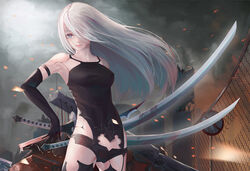  gray_eyes gray_hair nekobell nier nier:_automata sword weapon yorha_unit_no._2_type_a 