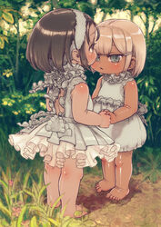  2girls absurdres bare_shoulders barefoot blonde_hair blunt_bangs blush brown_hair character_request commentary_request copyright_request dot_nose dress feral_lemma foliage full_body grass green_eyes hair_ornament hairclip highres holding_hands looking_at_viewer looking_to_the_side medium_hair multiple_girls outdoors paid_reward_available parted_lips pleated_dress shadow sidelocks sleeveless sleeveless_dress standing tareme tsurime white_dress 