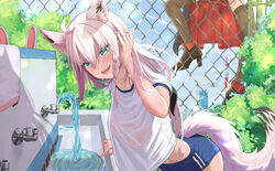  2girls absurdres alternate_costume animal_ear_fluff animal_ears arm_up bangom_r blue_buruma blue_eyes blush boots braid breasts buruma bush chain-link_fence drinking_fountain faucet fence fox_ears fox_tail gym_uniform hair_between_eyes high_heel_boots high_heels highres hololive houshou_marine leaning_forward long_hair looking_away multiple_girls open_mouth outdoors pantyhose see-through shirakami_fubuki shirt short_sleeves solo_focus sweat tail towel very_long_hair virtual_youtuber water wet wet_clothes wet_shirt white_hair white_shirt 