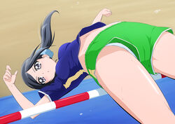  black_hair blue_scrunchie blue_shirt breasts female floating_hair fuchi_(nightmare) green_shorts grey_eyes hair_ornament hair_scrunchie healin&#039;_good_precure high_jump long_hair midriff navel open_mouth panties panty_peek parted_bangs precure sawaizumi_chiyu scrunchie shirt short_shorts short_sleeves shorts side_ponytail small_breasts solo stomach underwear white_panties 