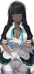  apron black_dress black_hair blue_archive blush breasts cleavage closed_mouth clothes_lift collarbone commentary cowboy_shot crossed_bangs dark-skinned_female dark_skin dress dress_lift female frilled_apron frills gaitoou gloves highres karin_(blue_archive) large_breasts lifting_own_clothes long_hair looking_at_viewer maid maid_headdress pantyhose short_sleeves simple_background solo white_apron white_background white_gloves white_headwear white_pantyhose yellow_eyes 