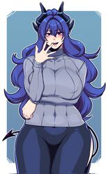  black_pants blue_hair borrowed_character breast_hold breasts butter_sugoi commentary_request covered_nipples cowboy_shot curly_hair demon_girl demon_horns demon_tail female finger_in_own_mouth grey_sweater highres horns huge_breasts long_hair open_mouth original pants purple_eyes ribbed_sweater side_slit solo sweater tail turtleneck turtleneck_sweater 