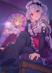  2girls aiguillette ajax_(azur_lane) azur_lane backlighting beret black_bow black_gloves black_pantyhose blonde_hair bow capelet chair closed_mouth commentary_request crossed_legs cup dutch_angle elbow_gloves feet gloves green_eyes grin hair_ribbon hair_tie half-closed_eyes half_gloves hand_on_own_chin hat hat_bow high-waist_skirt holding holding_cup indoors leander_(azur_lane) long_hair looking_at_viewer multiple_girls no_shoes pantyhose pink_sky pleated_skirt red_eyes red_skirt ribbon shirt short_sleeves sitting skirt sky smile sun teacup thighhighs twintails white_capelet white_gloves white_hair white_headwear white_shirt window yasumo_(kuusouorbital) 