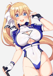  blonde_hair blue_eyes blue_jacket blush bow breasts cleavage cleavage_cutout clothing_cutout commission covered_navel cropped_jacket female fingerless_gloves gloves hairbow highleg highleg_leotard highres horosuke jacket large_breasts leotard long_hair looking_at_viewer open_mouth original ponytail race_queen short_sleeves sidelocks skeb_commission smile solo standing thighs white_bow white_leotard 