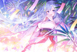  bird blue_eyes blue_hair breasts emori_miku female ibara_riato interlocked_fingers japanese_clothes kimono large_breasts leaf liver_city long_hair looking_at_viewer obi open_mouth own_hands_together paper photoshop_(medium) plant red_ribbon ribbon sash solo tanabata very_long_hair white_kimono wide_sleeves 