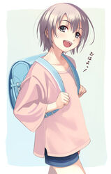  :d adjusting_strap aged_down backpack bag blue_background blue_shorts clenched_hands commentary cowboy_shot female grey_eyes grey_hair hands_on_own_chest highres holding_strap idolmaster idolmaster_cinderella_girls loose_hair_strand nekopuchi open_mouth otokura_yuuki outside_border pink_shirt randoseru shirt short_hair shorts smile solo translated walking wide_sleeves 