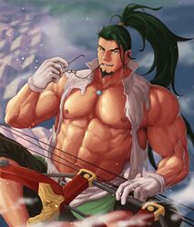  1boy abs absurdres bara bare_pectorals bare_shoulders biceps bow_(weapon) braid crossed_legs eyewear_in_mouth facial_hair feet_out_of_frame glasses gloves goatee green_hair highres holding holding_bow_(weapon) holding_weapon jewelry ko_shushu large_pectorals long_hair looking_at_viewer male_focus mature_male mouth_hold murakami_teppa muscular muscular_male navel necklace nipples pectorals ponytail revenger seductive_smile shirt side_braid single_braid smile smirk smoke solo stomach thick_eyebrows torn_clothes torn_shirt unworn_eyewear veins veiny_arms weapon white_gloves 