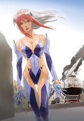  av-98_ingram birdy_cephon_altera blue_eyes blue_leotard breasts city cleavage closed_mouth crossover elbow_gloves female gloves green_eyes highres kasahara_tetsurou kidou_keisatsu_patlabor leotard long_hair looking_at_viewer mecha medium_breasts multicolored_hair outdoors red_hair robot science_fiction smile smoke tetsuwan_birdy_decode thighhighs two-tone_hair white_hair 