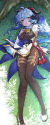  absurdres ahoge ass_visible_through_thighs bare_shoulders bell black_gloves black_leotard blue_hair blush bodystocking breasts brown_pantyhose chinese_knot detached_sleeves female flower_knot full_body ganyu_(genshin_impact) genshin_impact gloves gold_trim grass groin high_heels highres horns leglus leotard leotard_under_clothes long_hair looking_at_viewer lying medium_breasts neck_bell on_back outdoors pantyhose purple_eyes rubbing_eyes sidelocks solo tassel thigh_gap thighlet thighs tree tree_shade vision_(genshin_impact) waist_cape waking_up white_sleeves 