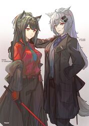  2girls alternate_costume animal_ear_fluff animal_ears arknights belt black_hair black_jacket black_pants blue_neckwear blue_shirt brown_eyes character_name coat collared_shirt commentary gloves green_necktie grey_coat grey_eyes grey_hair grey_skirt hair_ornament hairclip hand_in_pocket hand_on_another&#039;s_shoulder highres holding holding_sword holding_weapon jacket lappland_(arknights) long_hair looking_at_viewer multiple_girls naoel_(naoel_art) necktie off_shoulder official_alternate_costume pants ponytail purple_necktie red_gloves red_shirt shirt skirt sword tail texas_(arknights) texas_(willpower)_(arknights) vest waistcoat weapon wolf_ears wolf_girl wolf_tail 