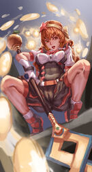  absurdres alternate_costume azusa_(cookie) battle_mage_(dungeon_and_fighter) black_bodysuit black_footwear bodysuit breasts brown_eyes brown_hair cameltoe commentary_request cookie_(touhou) d_tomoki dungeon_and_fighter female full_body gloves hair_ornament hairband highres holding holding_staff kirisame_marisa long_hair looking_to_the_side mage_(dungeon_and_fighter) medium_breasts open_mouth red_star shoes short_sleeves sneakers socks solo squatting staff star_(symbol) star_hair_ornament touhou white_gloves white_socks yellow_hairband 