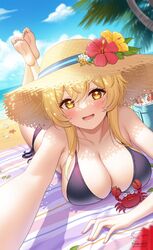  animal artist_name bangs bare_shoulders barefoot beach bikini blonde_hair blue_sky blush breasts brown_headwear cleavage cloud collarbone commentary crab day female fingernails flower flower_hat fukuro_ko_(greentea) genshin_impact hat highres large_breasts long_hair lumine_(genshin_impact) lying ocean on_stomach open_mouth outdoors palm_tree signature sky smile soles solo straw_hat swimsuit teeth toes tree yellow_eyes 