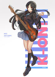  absurdres akiyama_mio artist_name bass_guitar black_footwear black_hair black_jacket black_socks blue_ribbon character_name closed_mouth commentary copyright_name english_commentary female full_body grey_eyes grey_skirt highres holding holding_instrument instrument jacket k-on! kneehighs loafers long_hair long_sleeves looking_at_viewer naoel_(naoel_art) neck_ribbon pleated_skirt ribbon sakuragaoka_high_school_uniform school_uniform shoes simple_background skirt smile socks solo white_background winter_uniform 