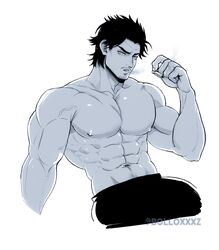  1boy abs artist_name bara biceps black_clover black_hair bolloxxxz cigarette facial_hair highres male_focus mature_male muscular muscular_male navel navel_hair nipples pants pectorals smoke smoking solo spiked_hair stubble thick_arms topless_male veins veiny_arms white_background yami_sukehiro 