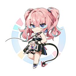  absurdres bad_id bad_lofter_id blue_eyes chibi closed_mouth dress female full_body highres honkai_(series) honkai_impact_3rd long_hair pink_hair qqqne rozaliya_olenyeva rozaliya_olenyeva_(fervent_tempo) sleeveless sleeveless_dress smile solo tail thick_eyebrows twintails white_background white_footwear 