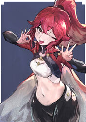  anna_(fire_emblem) bad_id bad_twitter_id black_pants blue_background breasts cape cola_bcde commentary_request cowboy_shot crop_top female fire_emblem fire_emblem_engage hair_between_eyes leggings long_hair long_sleeves looking_at_viewer medium_breasts midriff navel ok_sign one_eye_closed pants ponytail red_hair sage_outfit_(fire_emblem_engage) solo standing stomach tongue tongue_out w 