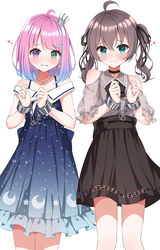  2girls absurdres ahoge aqua_eyes black_bow black_bowtie black_choker black_ribbon black_skirt blue_dress bound bound_wrists bow bow_skirt bowtie brown_hair candy_hair_ornament choker clothing_cutout collared_shirt crescent crescent_earrings crown cuffs dress earrings food-themed_hair_ornament gradient_hair green_eyes grey_shirt hair_between_eyes hair_ornament hair_ribbon hairclip heterochromia high-waist_skirt highres himemori_luna himemori_luna_(sundress) hololive jewelry karashi_(asarikarasi) lace lace-trimmed_skirt lace_sleeves lace_trim looking_at_viewer mini_crown multicolored_hair multiple_girls natsuiro_matsuri natsuiro_matsuri_(casual) official_alternate_costume pink_hair plaid plaid_shirt puffy_short_sleeves puffy_sleeves purple_eyes purple_hair ribbon see-through see-through_sleeves shackles shirt short_hair short_sleeves shoulder_cutout simple_background skirt tearing_up twintails virtual_youtuber wavy_hair 