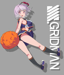  absurdres arms_behind_back asanaya bare_shoulders black_panties breasts cheerleader female from_behind gridman_universe highres kneehighs large_breasts looking_at_viewer looking_back open_mouth panties pantyshot pink_eyes pleated_skirt pom_pom_(cheerleading) purple_hair shinjou_akane shoes short_hair simple_background skirt socks solo ssss.gridman sunglasses underwear unworn_eyewear 