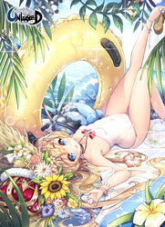  \||/ bangle bare_legs bare_shoulders blonde_hair blue_eyes blush bracelet breasts brown_footwear brown_hat casual_one-piece_swimsuit character_request collarbone commentary copyright_name covered_navel crown diving_mask english_commentary female flower goggles hair_flower hair_ornament hat hat_flower highres innertube jewelry knee_up leg_up long_hair looking_at_viewer lying on_back one-piece_swimsuit parted_lips pearl_bracelet pink_flower plant poseich purple_flower red_flower ring sandals shoe_dangle small_breasts smile snorkel solo strapless strapless_one-piece_swimsuit straw_hat stuffed_animal stuffed_toy sunflower swim_ring swimsuit teddy_bear teeth unleashed upper_teeth_only very_long_hair water wet white_flower white_one-piece_swimsuit yellow_flower 