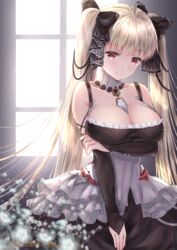  azur_lane bare_shoulders between_breasts black_dress blush breasts cleavage commentary dress earrings female formidable_(azur_lane) frilled_dress frills fujimori_shiki grey_hair hair_ribbon highres indoors jewelry large_breasts long_hair long_sleeves looking_at_viewer red_eyes ribbon smile solo twintails two-tone_dress two-tone_ribbon underboob very_long_hair window 