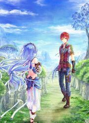  1boy adol_christin armor bad_id bad_pixiv_id blue_hair blue_pants blue_sky brown_gloves closed_mouth cloud collarbone dana_(ys) day faulds female floating_hair gloves hair_ribbon highres kanna_(kanl0o0l) long_hair outdoors pants red_hair ribbon short_sleeves sky twintails very_long_hair white_pants white_ribbon yellow_eyes ys ys_viii_lacrimosa_of_dana 