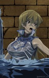  absurdres blonde_hair breasts brown_eyes distress duel_academy_uniform_(yu-gi-oh!_gx) female highres large_breasts long_hair open_mouth partially_submerged sakura_painter shirt sleeveless sleeveless_shirt solo tears tenjouin_asuka wet wet_clothes wet_shirt yu-gi-oh! yu-gi-oh!_gx 