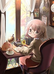  absurdres bad_id bad_twitter_id bespectacled black_socks blush book brown_eyes brown_hair chair character_doll clipboard clock closed_mouth commentary cup curtains desk english_commentary english_text female flower glasses globe hair_ornament hidamari_sketch highres hiro_(hidamari_sketch) indoors kneehighs looking_at_viewer looking_back open_book percy_pyl picture_frame red_skirt sae_(hidamari_sketch) saucer short_hair sitting skirt smile socks solo sweater table teacup vase window x_hair_ornament yuno_(hidamari_sketch) 