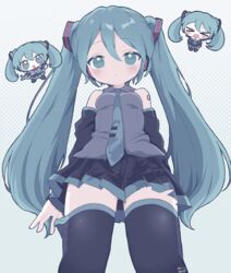  &gt;_&lt; absurdres aqua_eyes aqua_hair bare_shoulders blue_eyes blue_hair blush chibi chibi_inset closed_eyes commentary detached_sleeves female finger_under_clothes food from_below hair_ornament halftone hatsune_miku headphones highres holding holding_food holding_spring_onion holding_vegetable long_hair looking_at_viewer miku_day miniskirt necktie open_mouth pleated_skirt ringed_eyes shirt skirt smile solo spring_onion thighhighs twintails vegetable very_long_hair vocaloid wotoha zettai_ryouiki 