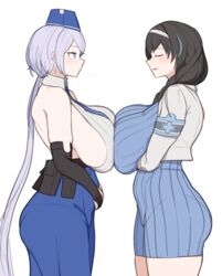  2girls absurdres armband arms_under_breasts backless_outfit backless_shirt bare_shoulders belt_pouch black_hair blue_dress blue_eyes blue_headwear blue_necktie blue_skirt blush braid braided_ponytail breast_press breasts brid_(nikke) bridal_gauntlets closed_eyes closed_mouth collared_shirt commentary cowboy_shot dress from_side garrison_cap goddess_of_victory:_nikke grey_hair gya_rb hair_between_eyes hair_over_shoulder hairband hat high-waist_skirt highres huge_breasts jacket long_hair long_skirt looking_at_another low-tied_long_hair low_ponytail mary_(nikke) multiple_girls necktie parted_lips pouch shirt sideboob sideless_shirt sidelocks simple_background skirt sleeveless smile standing striped_necktie sweater sweater_dress symmetrical_docking white_background white_hairband white_jacket white_shirt 