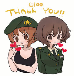  2girls akiyama_yukari beret black_necktie black_tank_top blazer breasts brown_eyes brown_hair cleavage comiket_100 cropped_torso dress_shirt english_text girls_und_panzer green_headwear green_jacket hand_on_own_arm hat heart highres jacket japan_ground_self-defense_force japan_self-defense_force medium_breasts messy_hair military military_hat military_uniform multiple_girls necktie nishizumi_miho ri_(qrcode) shirt short_hair side-by-side star_(symbol) tank_top thank_you uniform upper_body white_shirt wing_collar 