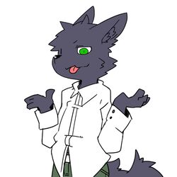  1:1 2021 anthro black_nose bottomwear canid canine canis cheek_tuft clothing digital_media_(artwork) facial_tuft fur green_bottomwear green_clothing green_eyes green_pants hair half-length_portrait kemono male mammal nifram_logan pants pizademokttero portrait purple_body purple_fur shirt solo tongue tongue_out topwear tuft white_clothing white_shirt white_topwear wolf 