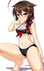  adapted_costume ahoge barefoot bikini black_bikini black_hair blue_eyes braid breasts commentary_request female front-tie_bikini_top front-tie_top hair_flaps hair_ornament hair_over_shoulder highres kantai_collection kazami_ren_(fuushagoya) looking_at_viewer medium_breasts shigure_(kancolle) shigure_kai_ni_(kancolle) shigure_kai_ni_(swimsuit)_(kancolle) simple_background single_braid solo squatting swimsuit white_background 