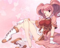  ;d armor awayuki_ramika barefoot blush boots breastplate capelet feet female fire_emblem fire_emblem_echoes:_shadows_of_valentia full_body gloves long_hair mae_(fire_emblem) one_eye_closed open_mouth pink_background pink_capelet pink_hair red_eyes shoes single_shoe sitting smile solo toes twintails white_footwear white_gloves 