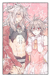  2boys abs ascot border brown_hair chloe_von_einzbern chloe_von_einzbern_(cosplay) clenched_hands commentary_request cosplay crossdressing crossed_bangs dress eyes_visible_through_hair fate/grand_order fate/kaleid_liner_prisma_illya fate_(series) flying_sweatdrops gedougawa gloves green_eyes grey_ribbon hair_between_eyes hair_bun long_bangs long_hair looking_at_another looking_at_viewer magical_girl male_focus messy_hair multiple_boys navel neck_ribbon open_mouth orange_ascot petticoat pink_dress prisma_illya prisma_illya_(cosplay) red_eyes red_shirt ribbon shirt short_hair shrug_(clothing) sieg_(fate) siegfried_(fate) single_hair_bun sleeveless sleeveless_dress white_border white_gloves 