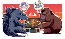  blue_eyes crown donkey_kong donkey_kong_(series) fur godzilla godzilla_(monsterverse) godzilla_(series) godzilla_vs._kong gorilla k_rool king_kong king_kong_(series) kong_(monsterverse) looking_at_viewer monsterverse nintendo_switch no_humans rariatto_(ganguri) scales speech_bubble super_smash_bros. television yellow_eyes 