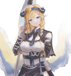  aiv arknights arm_under_breasts banner bare_shoulders black_skirt blonde_hair blue_eyes blue_hairband braid breasts closed_mouth cowboy_shot detached_sleeves dragon_horns female fingerless_gloves gloves hairband highres holding horns large_breasts long_hair long_sleeves looking_at_viewer pointy_ears pouch saileach_(arknights) side_braid simple_background skirt smile solo white_background white_gloves 