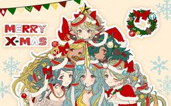  6+girls :&lt; ahoge anat_(granblue_fantasy) artist_request blonde_hair blush bow braid breasts brown_eyes candy candy_cane choker christmas christmas_ornaments cleavage de_la_fille drill_hair eyebrows food granblue_fantasy green_eyes green_hair grey_eyes hair_ornament hair_over_one_eye hairbow harvin heart heart_necklace helel_ben_shalem herja highres holly horns jewelry kolulu_(granblue_fantasy) looking_at_viewer mimlememel multicolored_hair multiple_girls necklace official_art one_eye_closed pacifier pinecone pointy_ears ponytail purple_eyes red_eyes santa_costume single_braid single_horn smile smirk star_(symbol) star_hair_ornament twin_drills upper_body wreath 