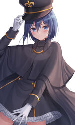  arm_up black_capelet black_dress black_hat black_jacket blue_eyes blue_hair blush capelet closed_mouth commentary cosplay dress female frilled_dress frills gloves hair_between_eyes hand_on_headwear hat highres inui_sajuna jacket long_sleeves nikaidou_shion nikaidou_shion_(cosplay) peaked_cap seungju_lee simple_background smile solo sono_bisque_doll_wa_koi_wo_suru white_background white_gloves 