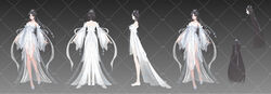  absurdres artist_request backless_dress backless_outfit bare_legs bare_shoulders black_hair closed_mouth detached_sleeves dress earrings facial_mark female forehead_mark gradient_background hair_ornament hair_rings highres jewelry long_hair necklace reference_sheet second-party_source wanmei_shijie watermark white_dress white_footwear yue_chan_(wanmei_shijie) 