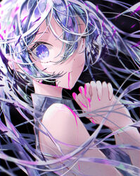  black_background blood blood_from_mouth blood_on_face blood_on_hands blue_eyes blue_hair collared_shirt commentary female floating_hair from_side ghost_rule_(vocaloid) grey_shirt hair_between_eyes hands_up hatsune_miku highres interlocked_fingers long_hair looking_at_viewer own_hands_together parted_lips pink_blood red_pupils saksak_mocchiri shirt sleeveless sleeveless_shirt solo upper_body very_long_hair vocaloid wing_collar 