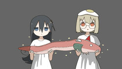  2girls animal bad_id bad_pixiv_id black_hair blonde_hair blue_eyes closed_mouth commentary_request dress egg fish food food_on_head glasses grey_background hair_between_eyes hat highres holding holding_animal light_blush long_hair looking_at_viewer multiple_girls mushroom no_pupils object_on_head open_mouth orange_eyes santa_hat shimeji_simulation short_hair short_sleeves simple_background smile tsukishima_shijima upper_body white_dress yamashita_majime yoyohachi 