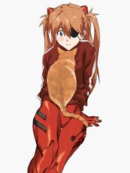  blue_eyes blush bodysuit cat_on_person evangelion:_3.0_you_can_(not)_redo eyepatch feline female hairpods highres interface_headset jacket long_hair long_sleeves looking_at_animal meccha_kubiitee neon_genesis_evangelion orange_hair plugsuit rebuild_of_evangelion red_bodysuit sitting solo souryuu_asuka_langley track_jacket twintails 