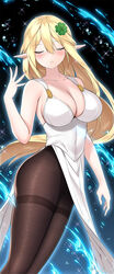  blonde_hair blush breasts brown_pantyhose cleavage closed_eyes clover dress female fine_fabric_emphasis four-leaf_clover from_side glowing hair_between_eyes hair_ornament highres large_breasts li_zhiheng long_hair lu_xiaoyu my_harem_grew_so_large_i_was_forced_to_ascend pantyhose parted_lips side_slit solo standing thighband_pantyhose very_long_hair weibo_watermark white_dress 