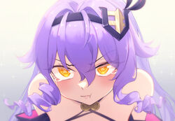  annoyed bare_shoulders blush female gradient_background hairband honkai_(series) honkai_impact_3rd leaning_forward ling_huanxiang long_hair puffy_cheeks purple_hair sirin sirin_(miracle_magical_girl) solo sparkle symbol-shaped_pupils tears upper_body yellow_eyes 