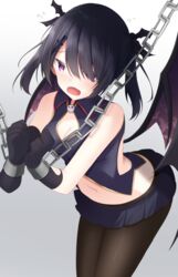  :o bare_arms bare_shoulders bent_over black_gloves black_hair black_shirt black_skirt bound bound_wrists breasts brown_pantyhose chains cleavage clothing_cutout commentary_request crop_top cuffs demon_wings doyachii female gloves gold_trim gradient_background hair_over_one_eye handcuffs highres long_hair looking_at_viewer medium_breasts midriff miniskirt navel oerba_yun_fang open_mouth original pantyhose pleated_skirt purple_eyes restrained shirt side_cutout skirt sleeveless sleeveless_shirt solo tearing_up twintails wing_collar wings 